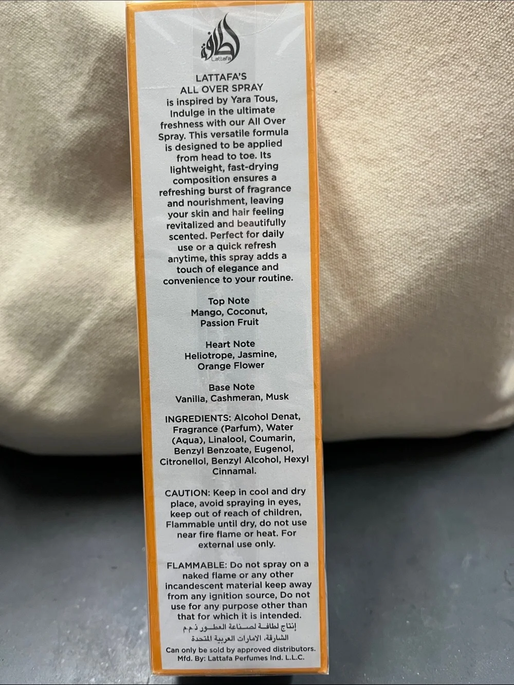 NIB Lattafa Yara Tous All Over Spray - Orange & White 150ml 5.07fl oz